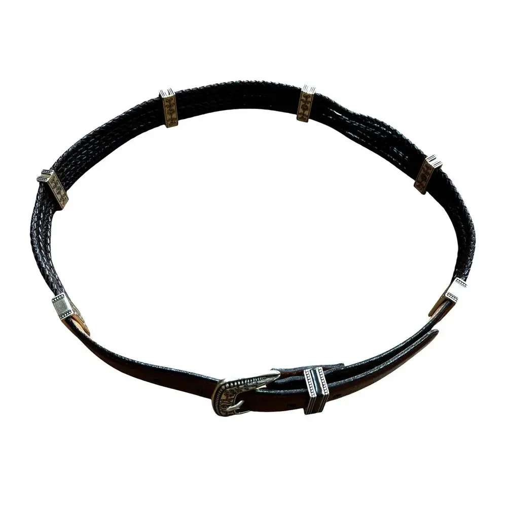 Vintage Brighton ladies dark brown braided leather belt M/L 32 silver hardware